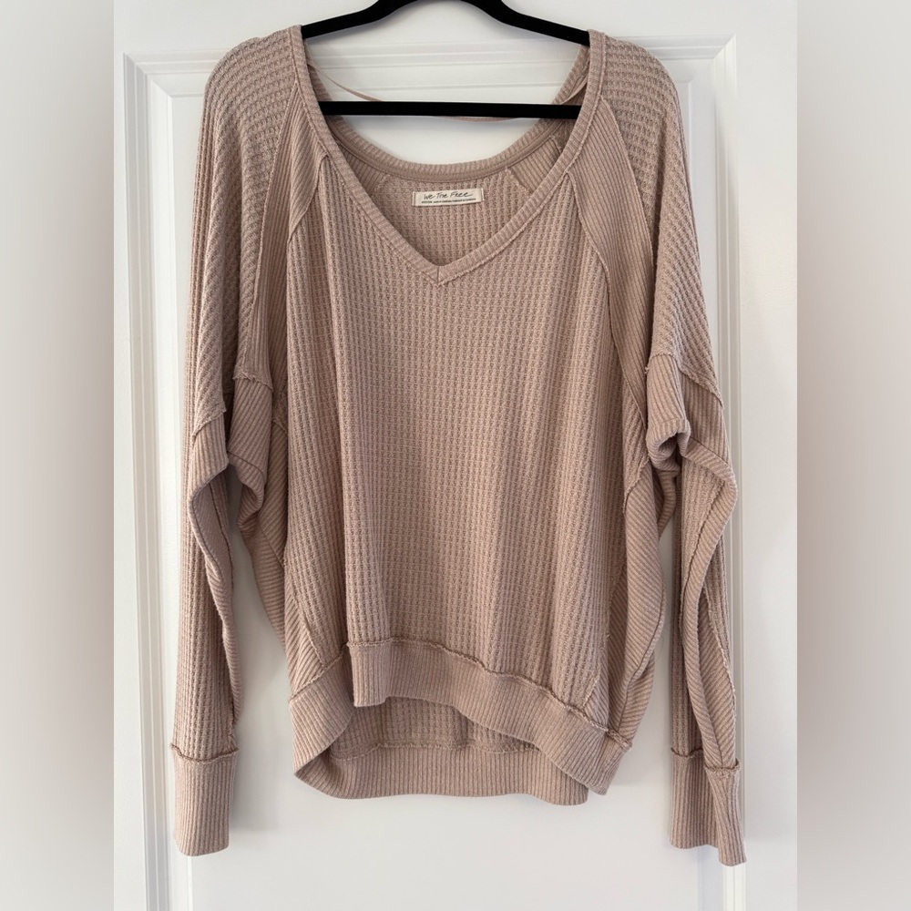 We The Free Waffle-Knit V-Neck Sweater in Taupe